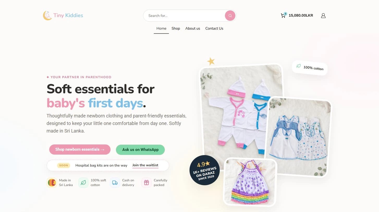 Tiny Kiddies baby-essentials storefront landing page